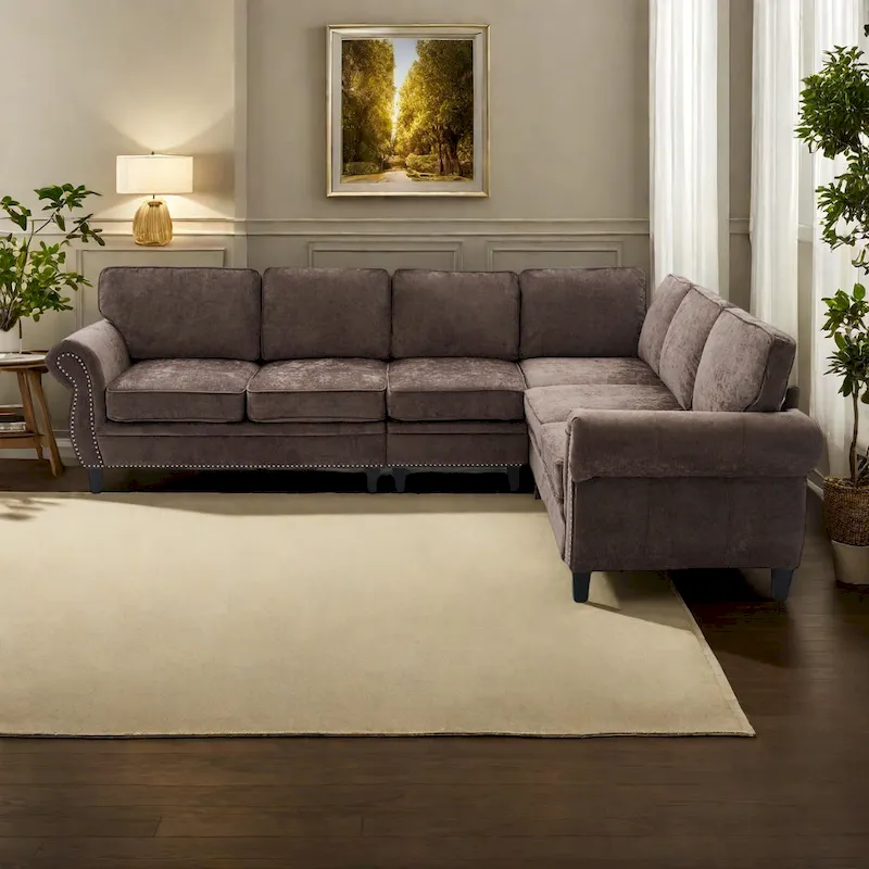 Light Gray L-Shaped Modular Sectional Sofa, Chenille, 6-Seater