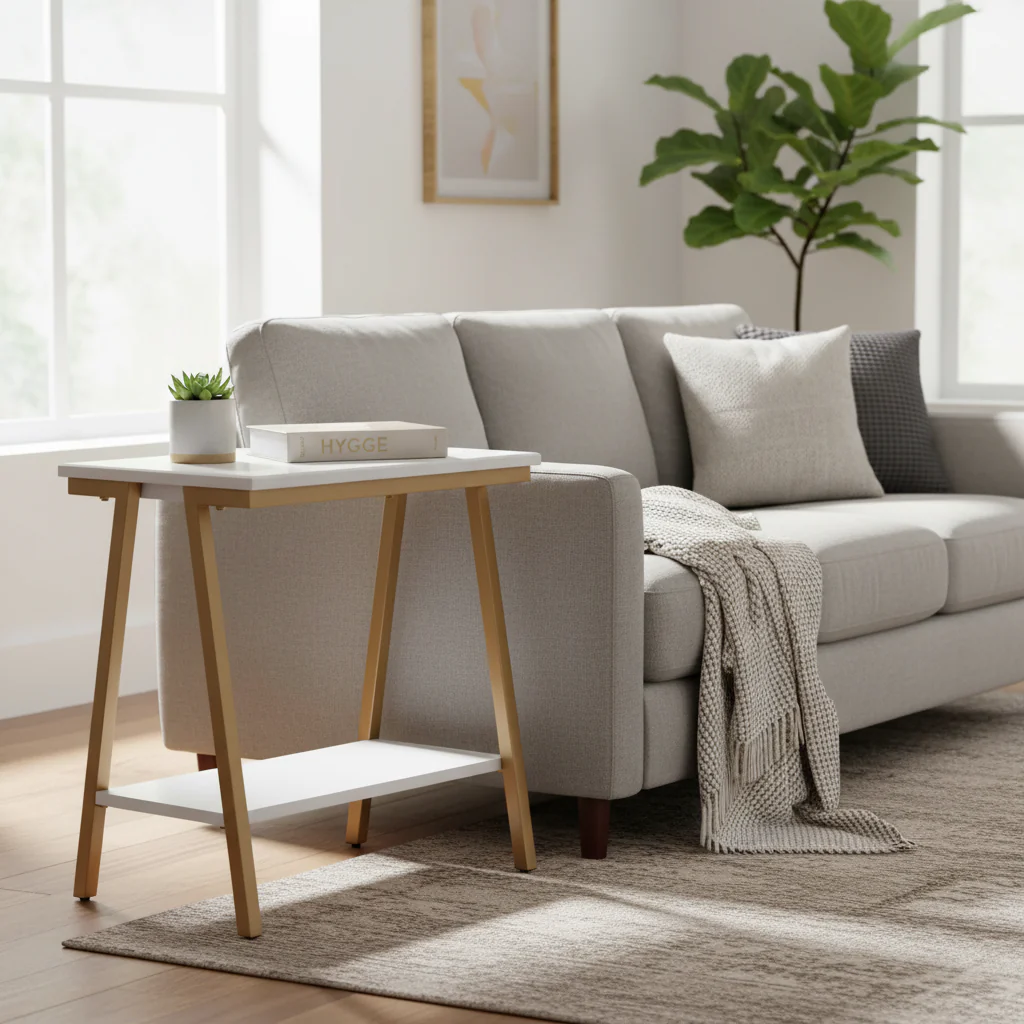 Narrow Side Table with Shelf and Metal Frame