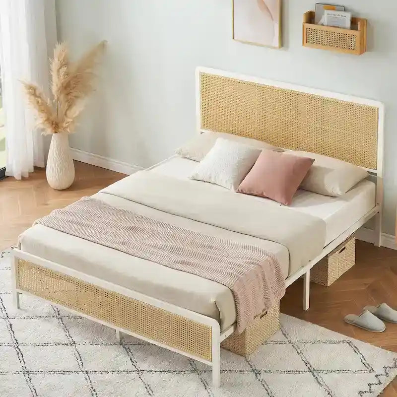 Black/White Rattan Platform Bed Frame with LED Headboard – Full/Queen, Sleeps 1–2