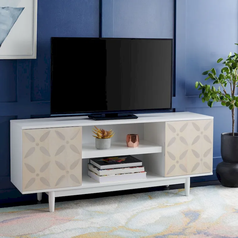 White Washed Media Stand, Patterned 3-Shelf Style