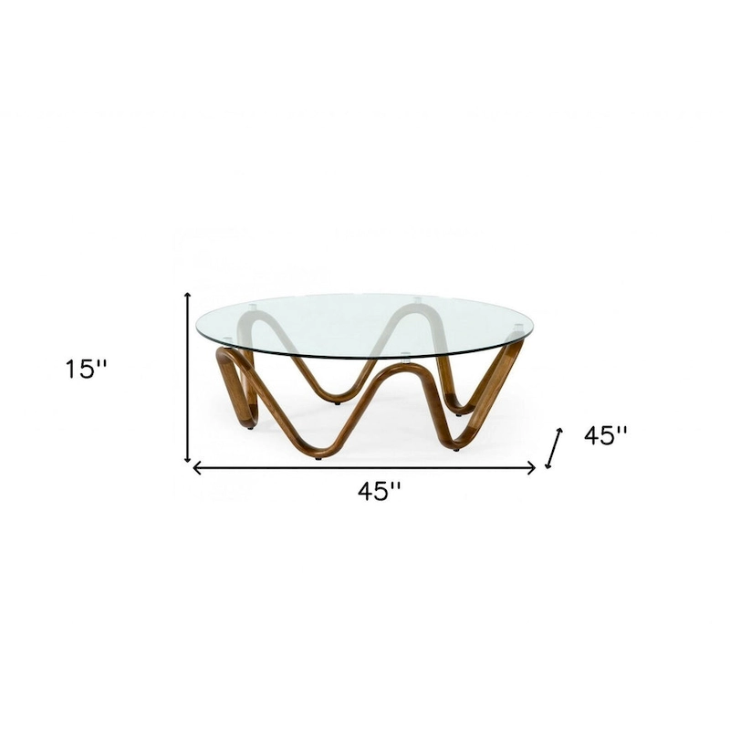 HomeRoots 45 Walnut And Clear Glass Abstract Wood Round Coffee Table - 45 x 45 x 15