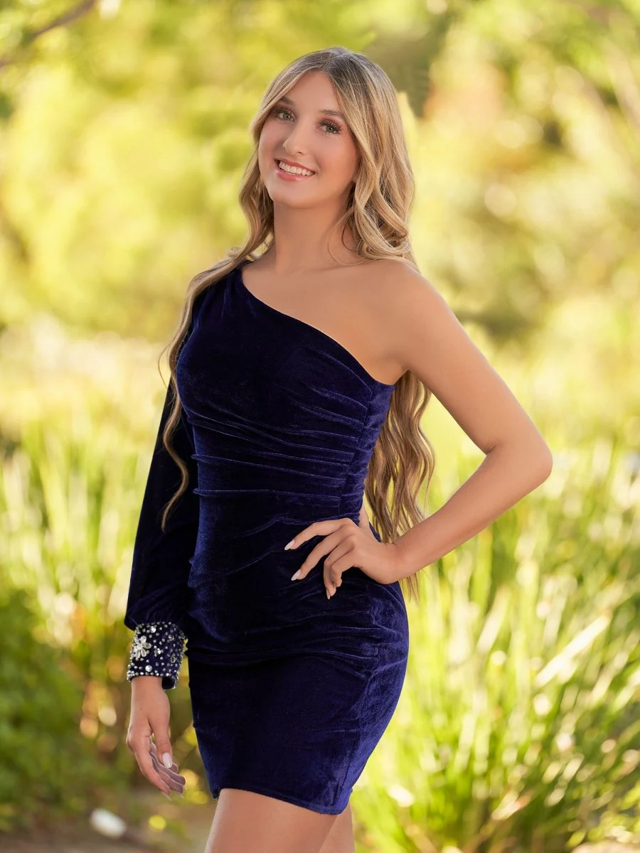 Navy Blue Sheath One-Shoulder Long Sleeve Homecoming Dress