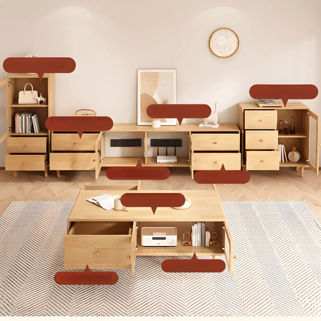 55 Natural Wood Cable Management TV Stand with Drawers