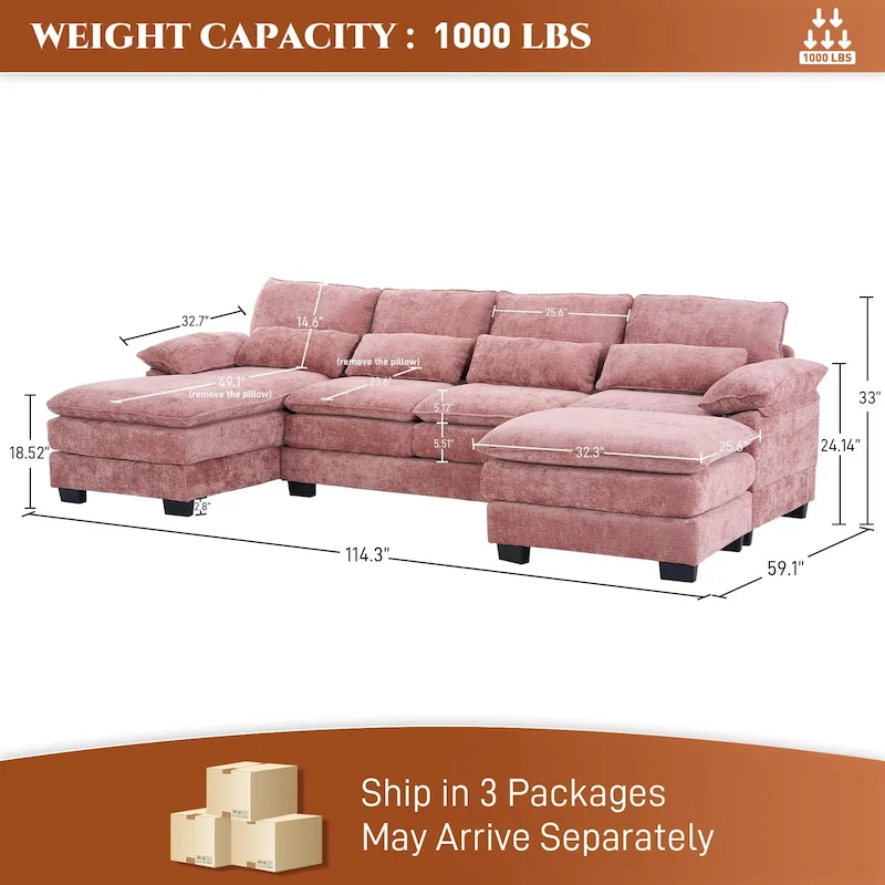 Soft Chenille Fabric U-Shaped Sectional Sofa with Double Layer Cushion