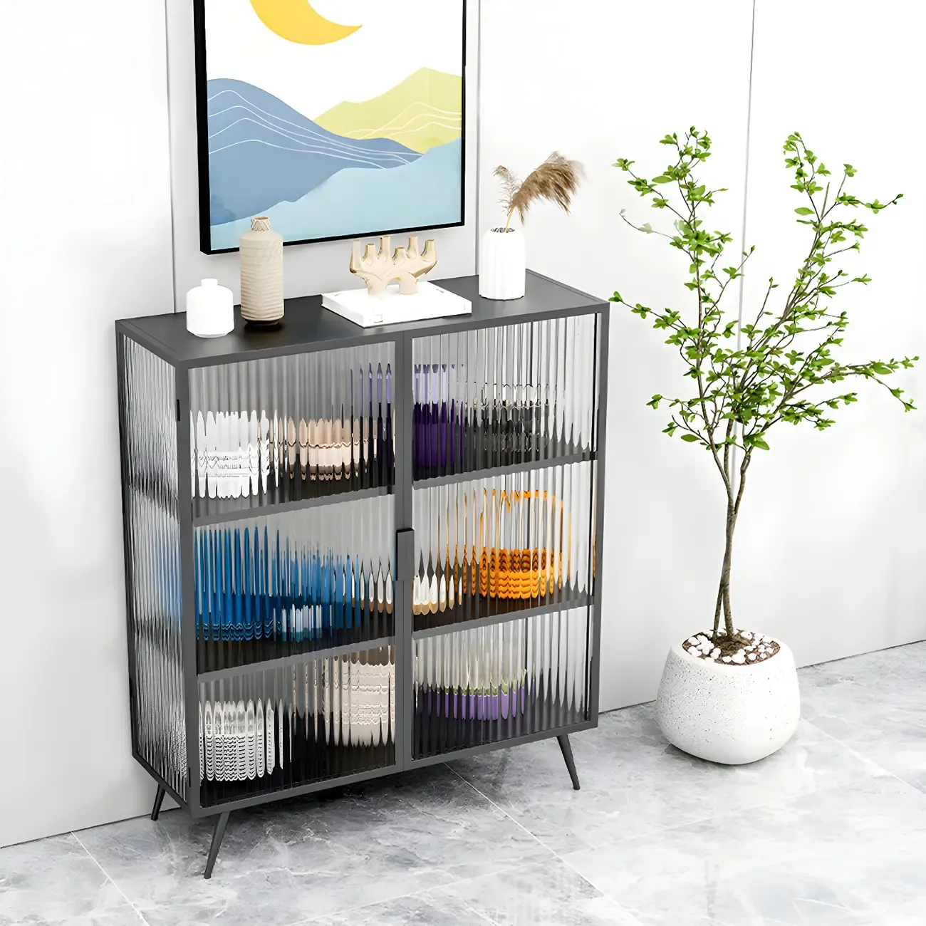 Sleek Black Metal Square Glass Display Cabinet