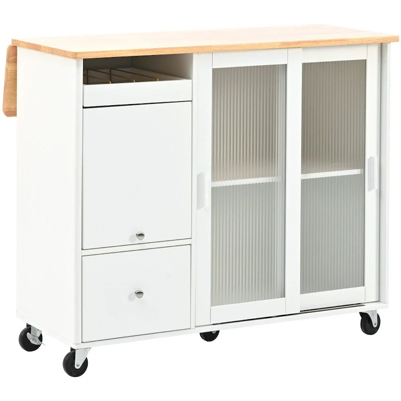 LED Light Kitchen Cart with Drop Leaf and Adjustable Shelf