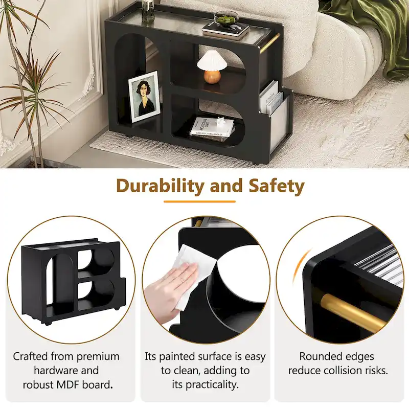 31.5  Modern Mobile End Table with 5mm Thick Fluted Tempered Glass, Lockable Wheels and Golden Round Rod