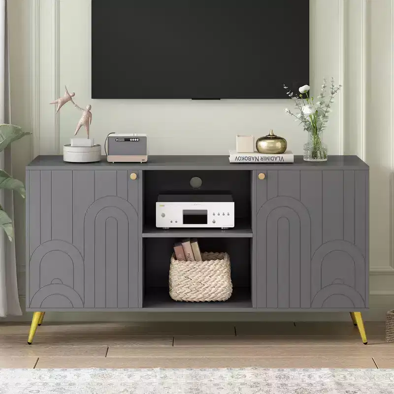 MAYEERTY Entertainment Center Media Console Adjustable Shelf Metal Legs Handles Anti Tip Device for Living Room