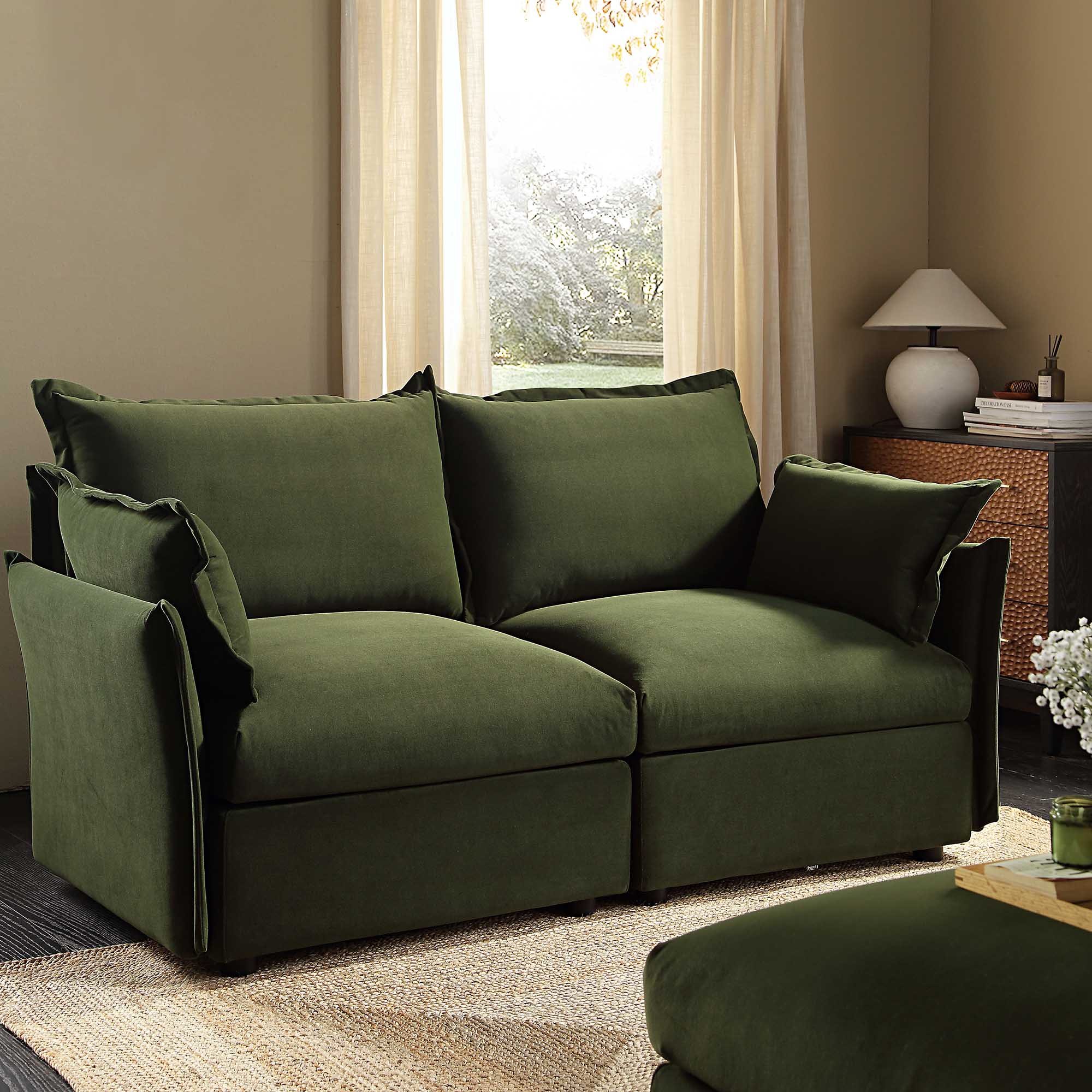 Pillow Edge Moss Green Velvet Sectional Sofa, 2-Seater