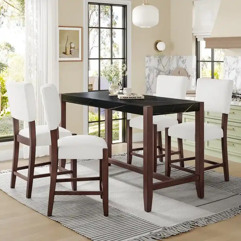 Modern 5-Piece Counter Height Dining Table Set, Faux Marble Bar Table and 4 Upholstered-Seat Chairs