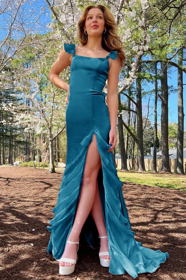 Emerald Green Square Neck Ruffle Slit Prom Dress