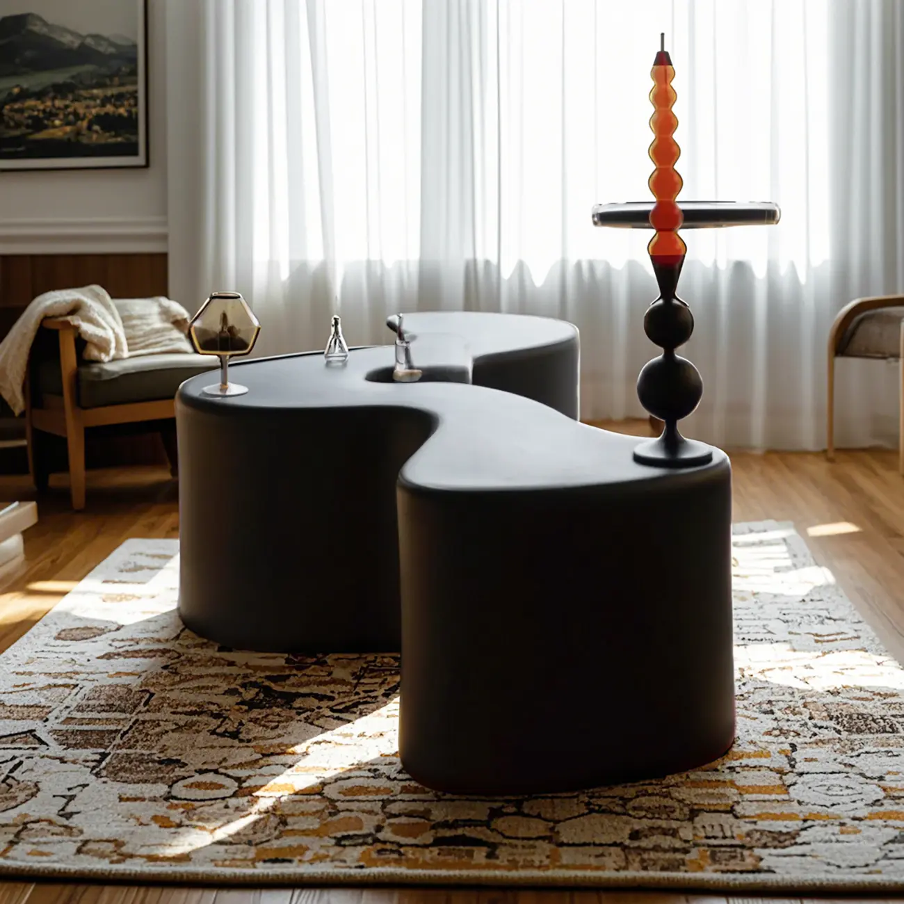 Modern Black Resin Wave Coffee Table with Abstract Design