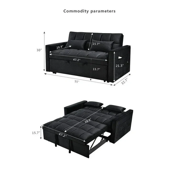 Modern Velvet Loveseat Futon Sofa Couch Pullout Bed, Small Love Seat Lounge Sofa w/Reclining Backrest, Toss Pillows, Pockets
