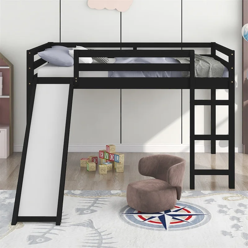 Full Size Loft Bed with Ladder – Espresso / Grey / White, Single