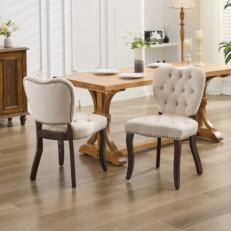 Dining Chairs Set of 2, Soft Tufted Accent Chairs Side Chairs with Wooden Legs, Velvet Upholstered Dining Room Chair