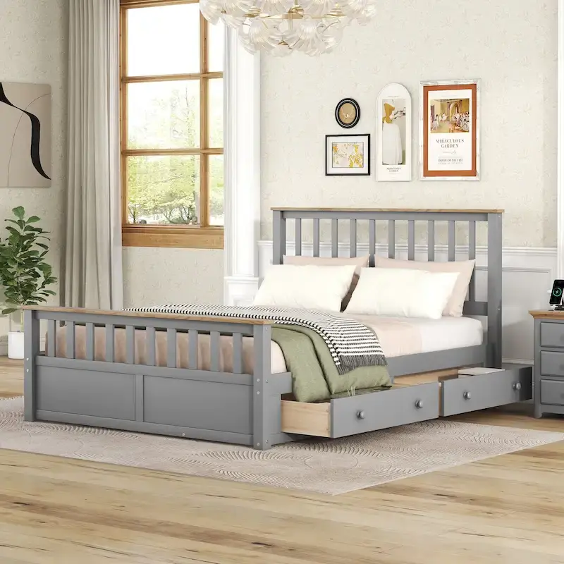 Grey Queen Platform Bed in Natural Pine with Drawers and Wooden Headboard