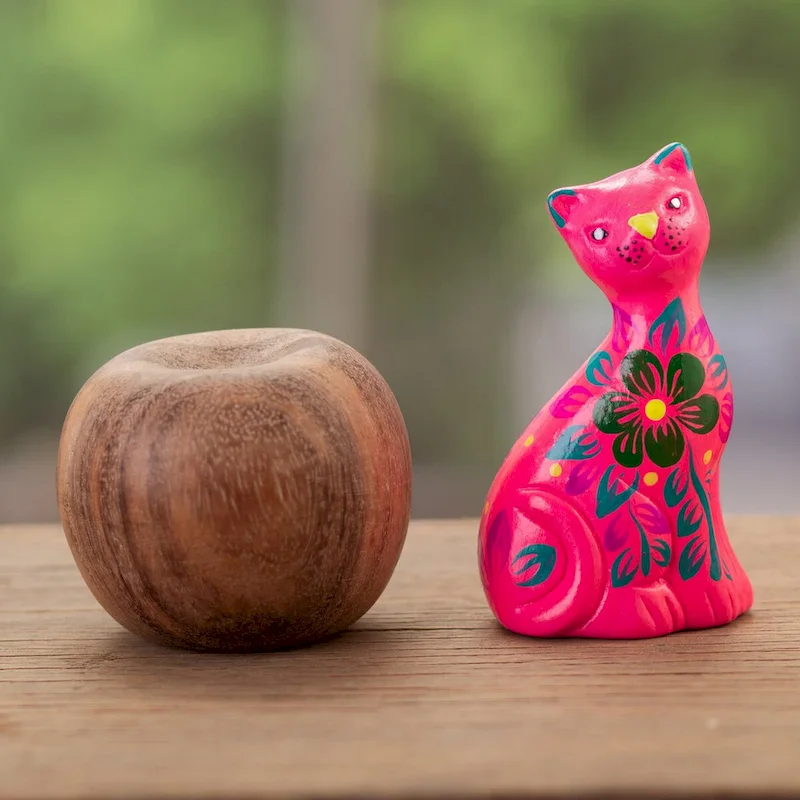Novica Handmade Sweet Cat In Pink Ceramic Figurine