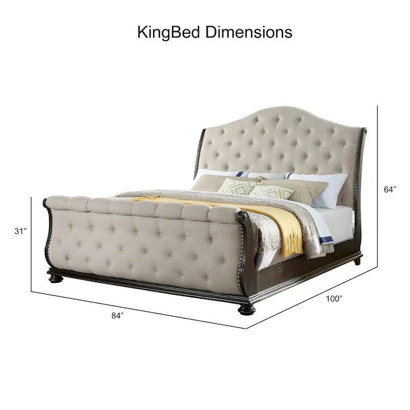 Beige Polyester Button-Tufted Sleigh Bed – King/Queen