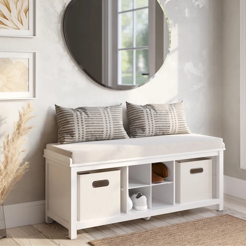 Solid Wood Entryway Bench with 4 Shoe Cubbies White