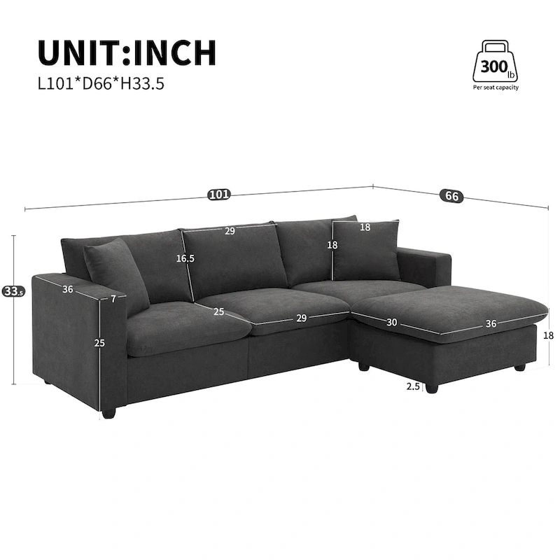 100.4 L-Shaped Polyester Sectional Sofa with 4-Seat Convertible Couch and Ottoman & Pocket Spring Cushions (300lb Capacity)
