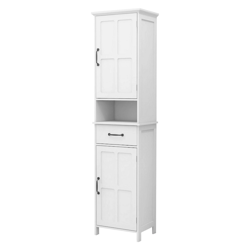 65 Inch Tall Standing Cabinet with 1 Open Shelf, Black Metal Handles, White