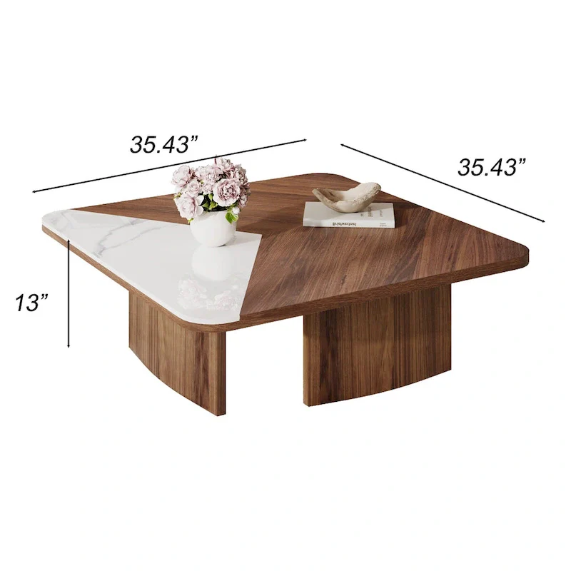 Modern 35.43 Square Coffee Table, Solid Wood Veneer with White Sintered Stone Table Top
