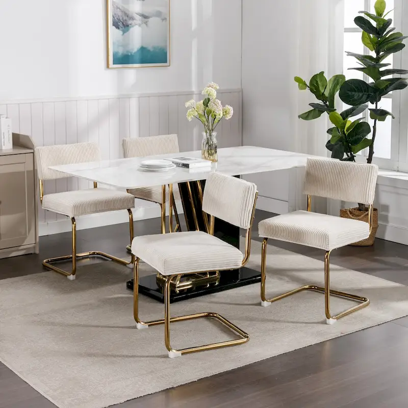 Modern Dining Chairs with Gold Metal Base, Accent Armless Kitchen Chairs with Channel Tufting,Set of 2
