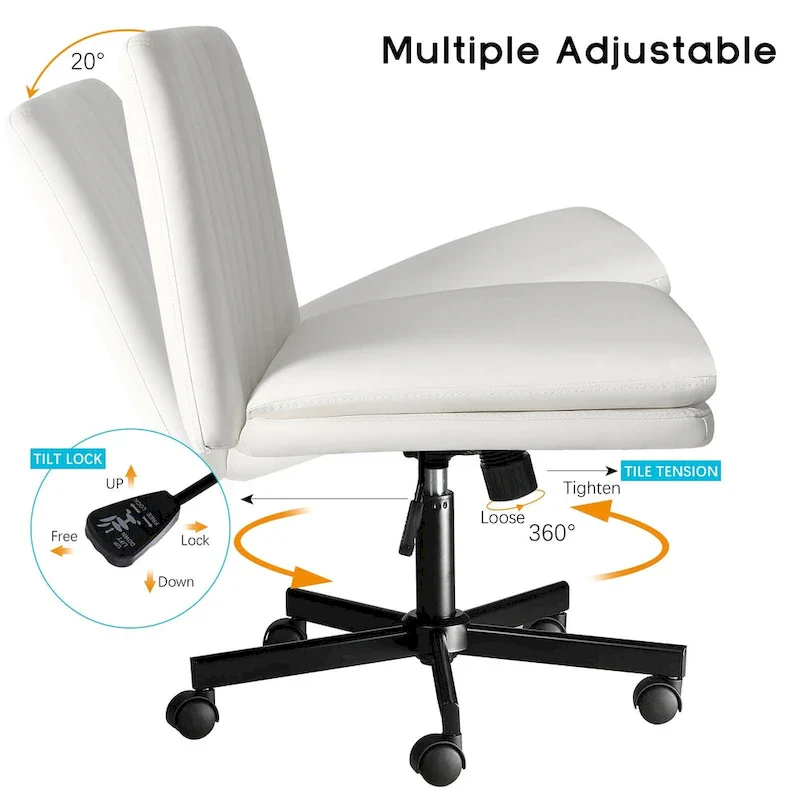 Cross Chair with Wheels,PU Leather Armless Cross Legged Office chair, Adjustable Wide Seat Task Vanity Chair