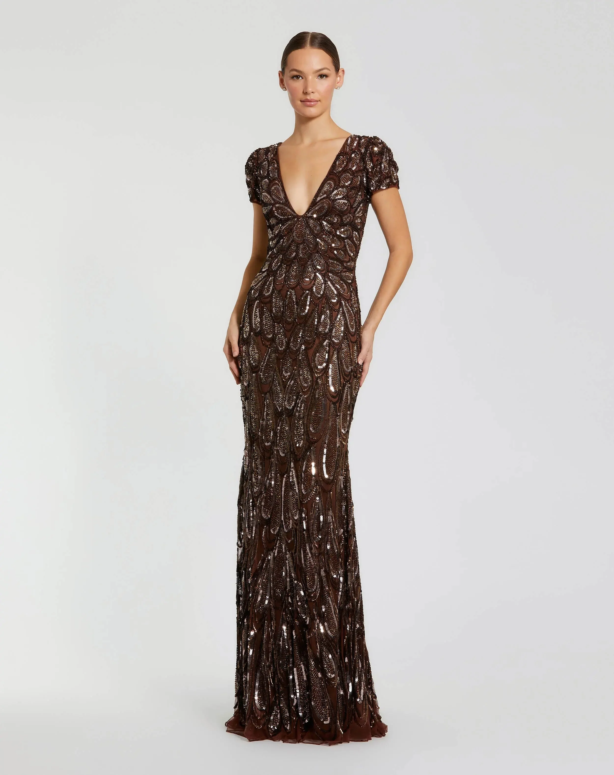 Brown Beaded Embellished V Neck Cap Sleeve Column Gown