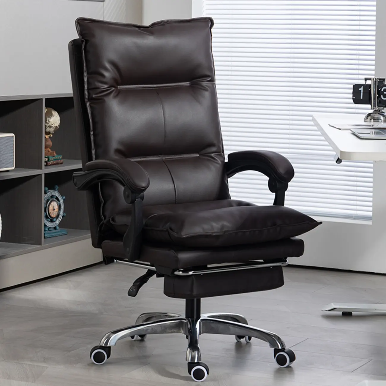 Modern Brown Leather Reclining Executive Office Chair