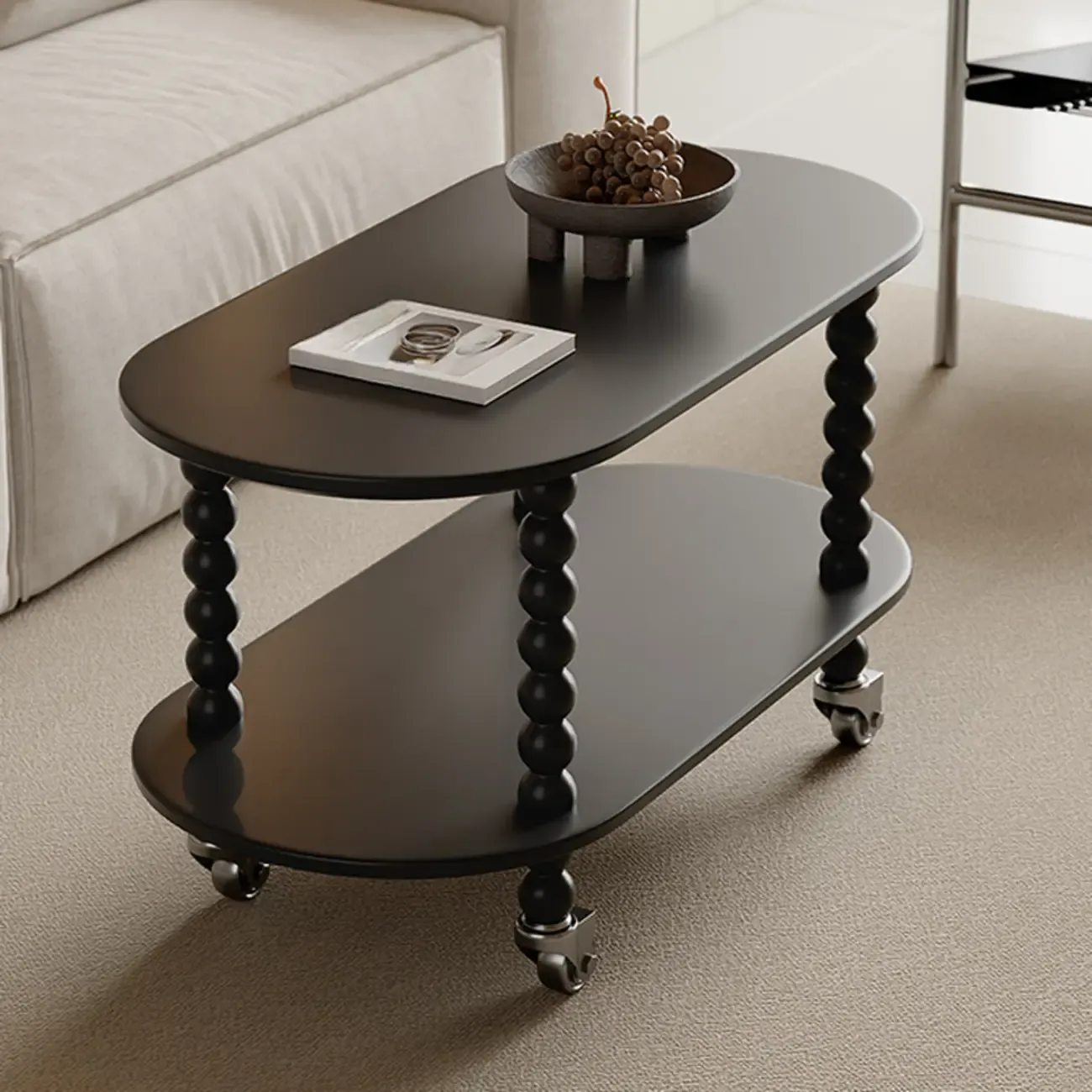 Black Oval Wooen 2-Tier Storage Rolling Side Table