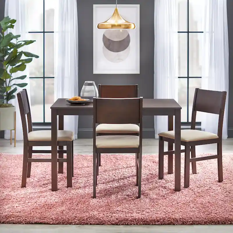 Solid Rubberwood Dining with Cushioned Chairs – White / Espresso, Microfiber / Faux Leather, Seats 4