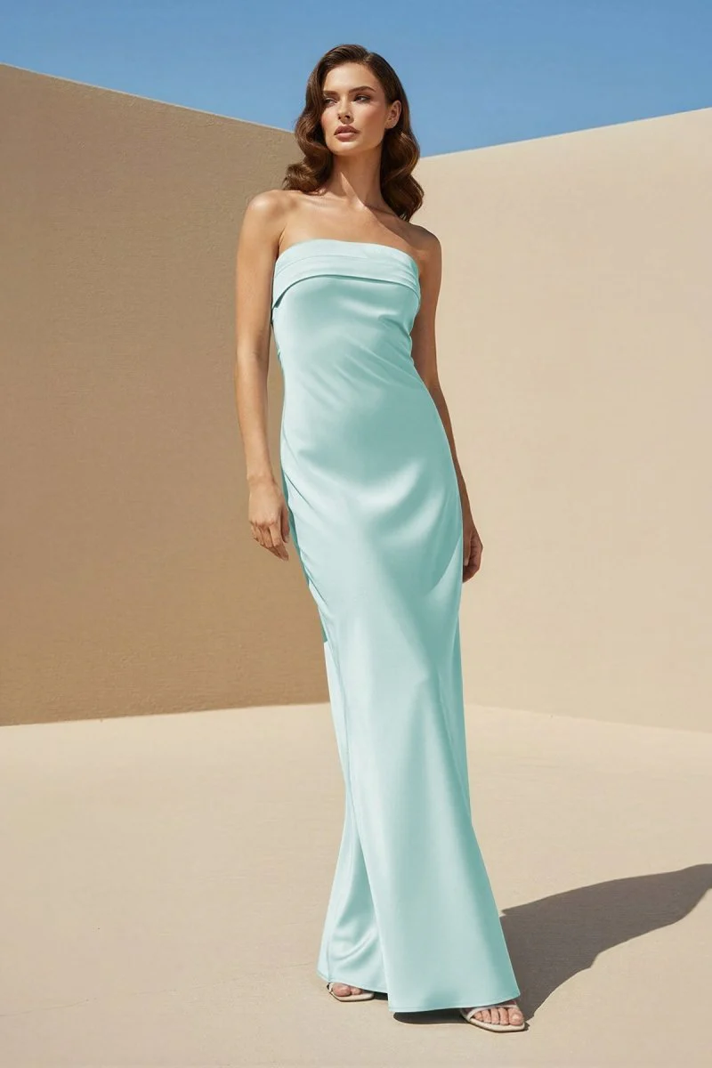 Sky Blue Strapless Sheath Satin Pleated Open Back Long Prom Dresses