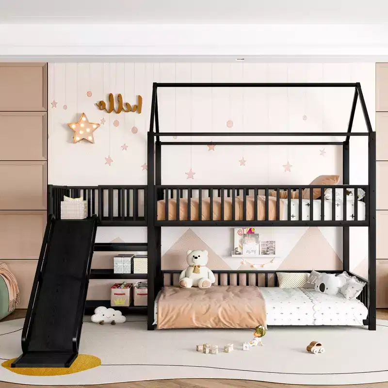 Twin/Full Metal House Bunk Bed with Storage Stairs, Slide & Safety Rails, Black - ModernLuxe