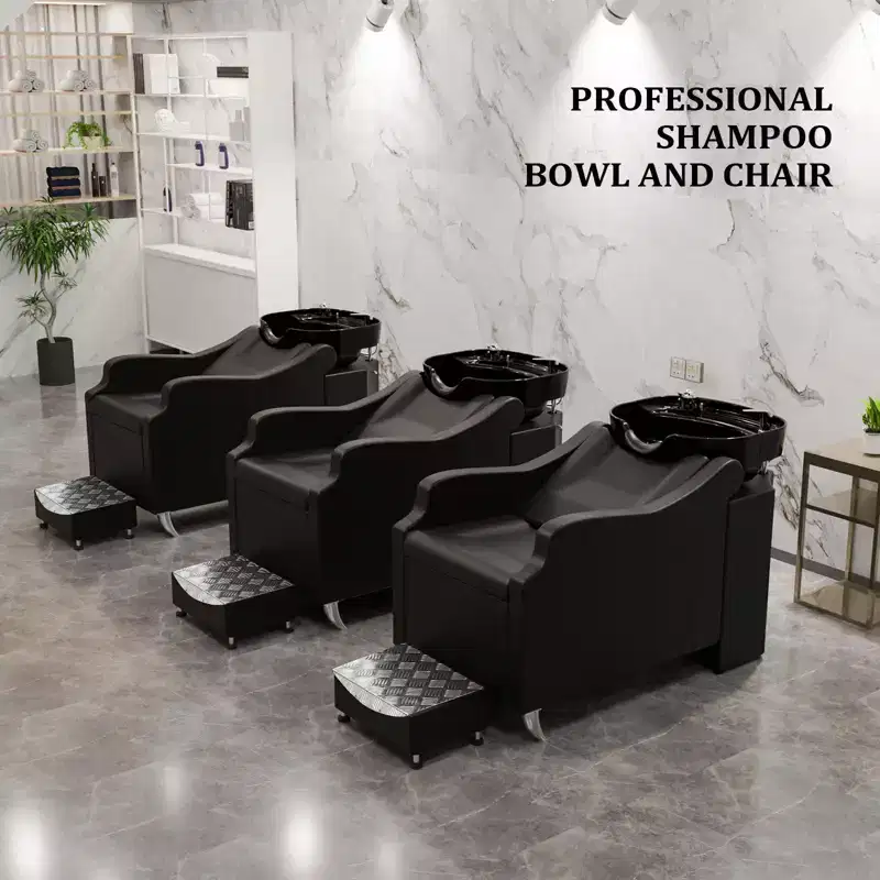 Karl Home Black Salon Shampoo Bowl and Chair Backwash Unit with Extra Large Ceramic Bowl