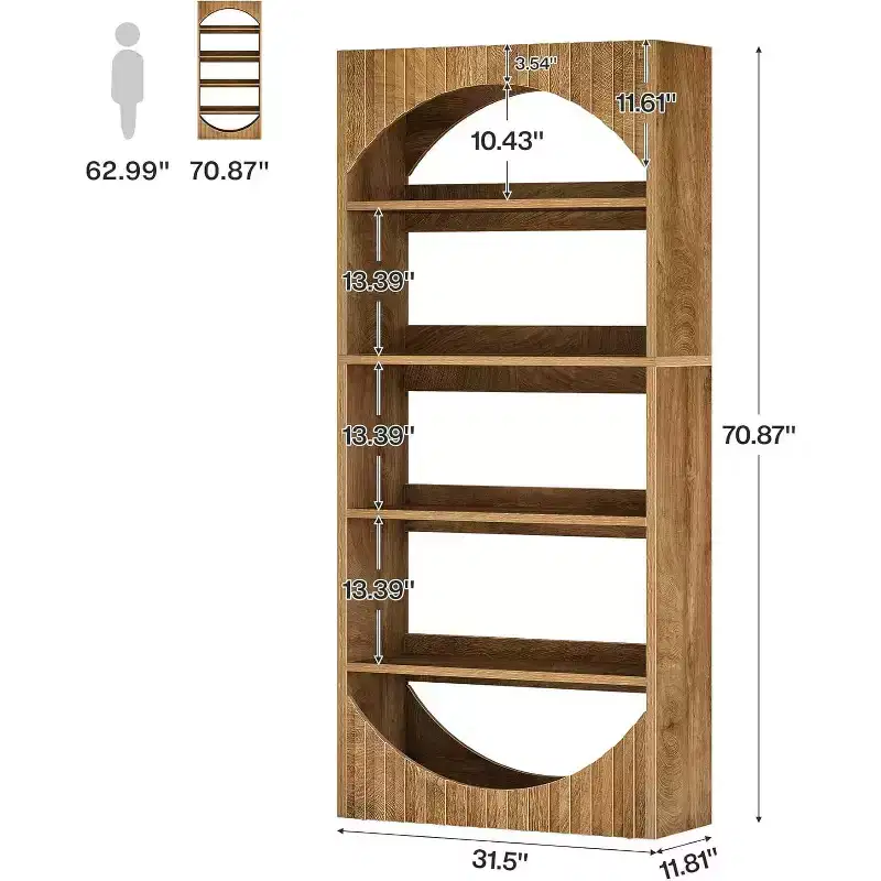 Lantine 70.8-Inch 5-Tier Tall Bookshelf, Farmhouse Wooden Bookcase with Fluted Arched Top for Living Room and Home Office