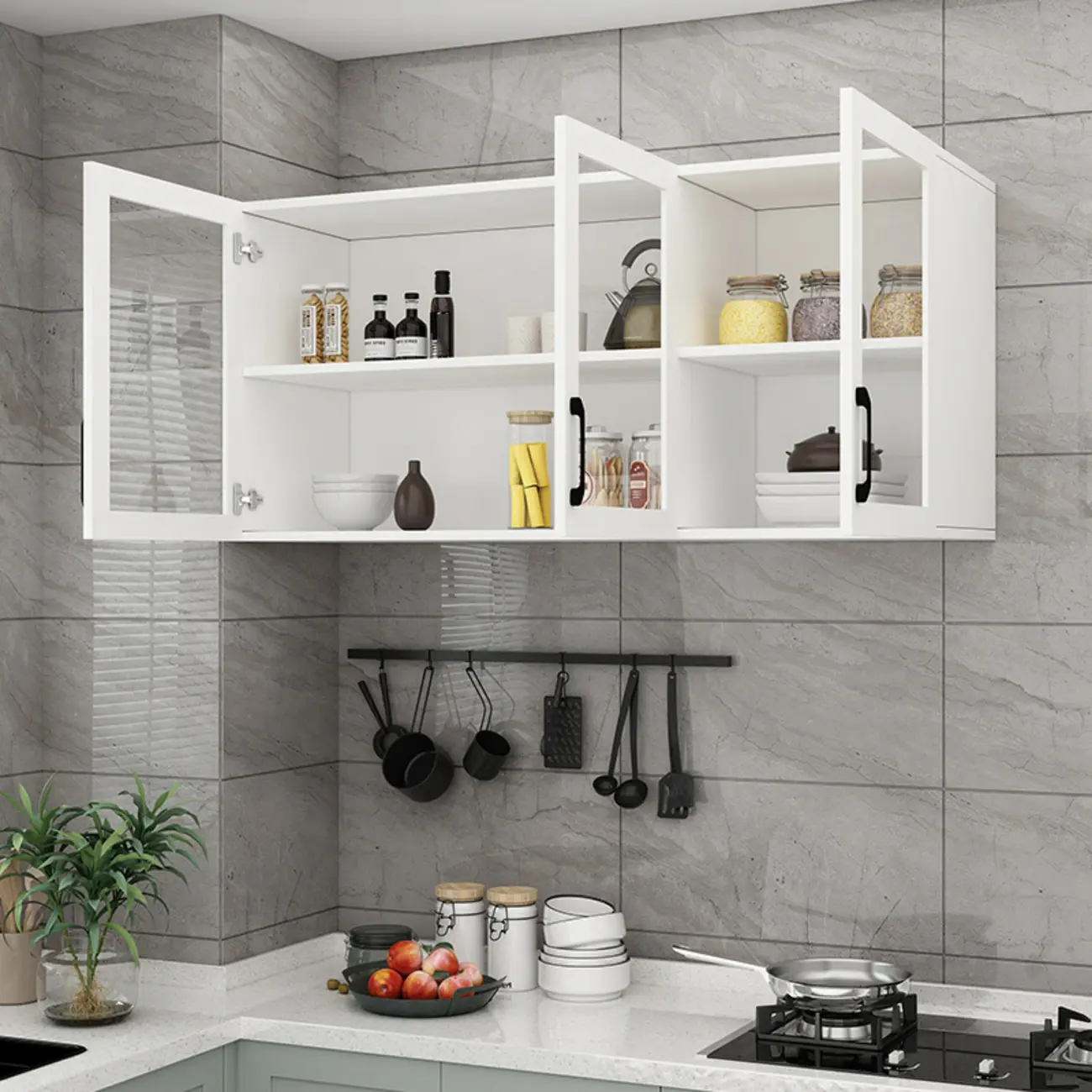 Kitchen Floating White Wood Glass Enclosed Display Cabinet