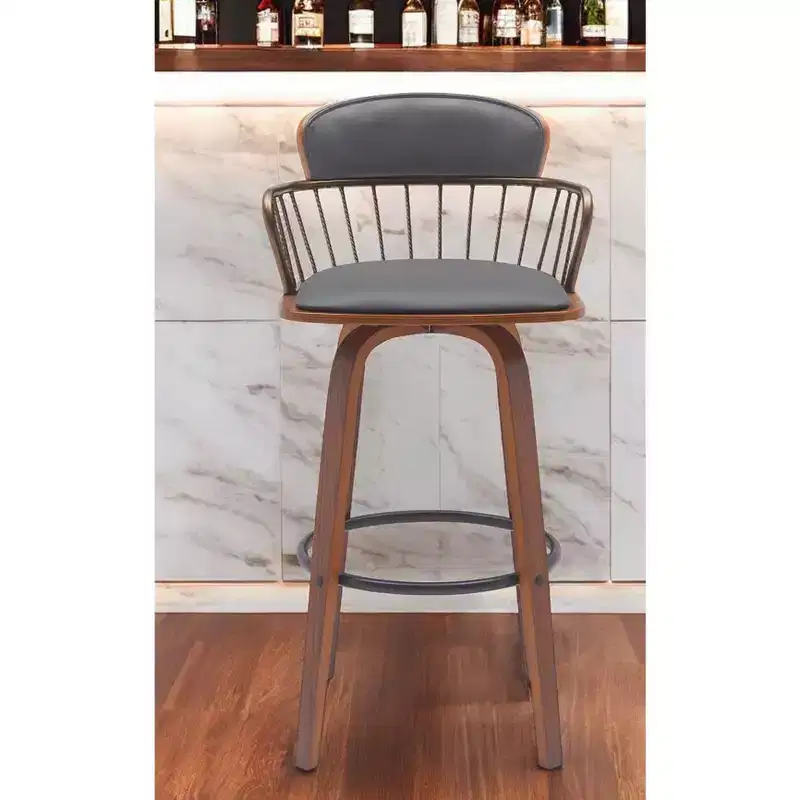 HomeRoots 30 Gray And Wood Brown Faux Leather Swivel Low Back Bar Height Bar Chair