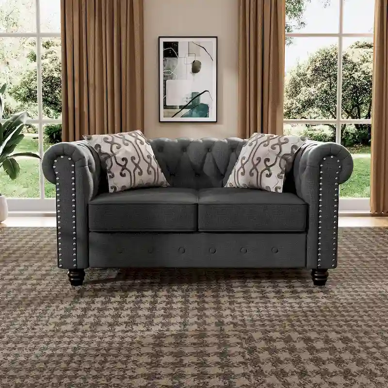 Morden Fort Linen Chesterfield Loveseat with Button Tufted, Nailhead and Solid Wood Legs for Living Room