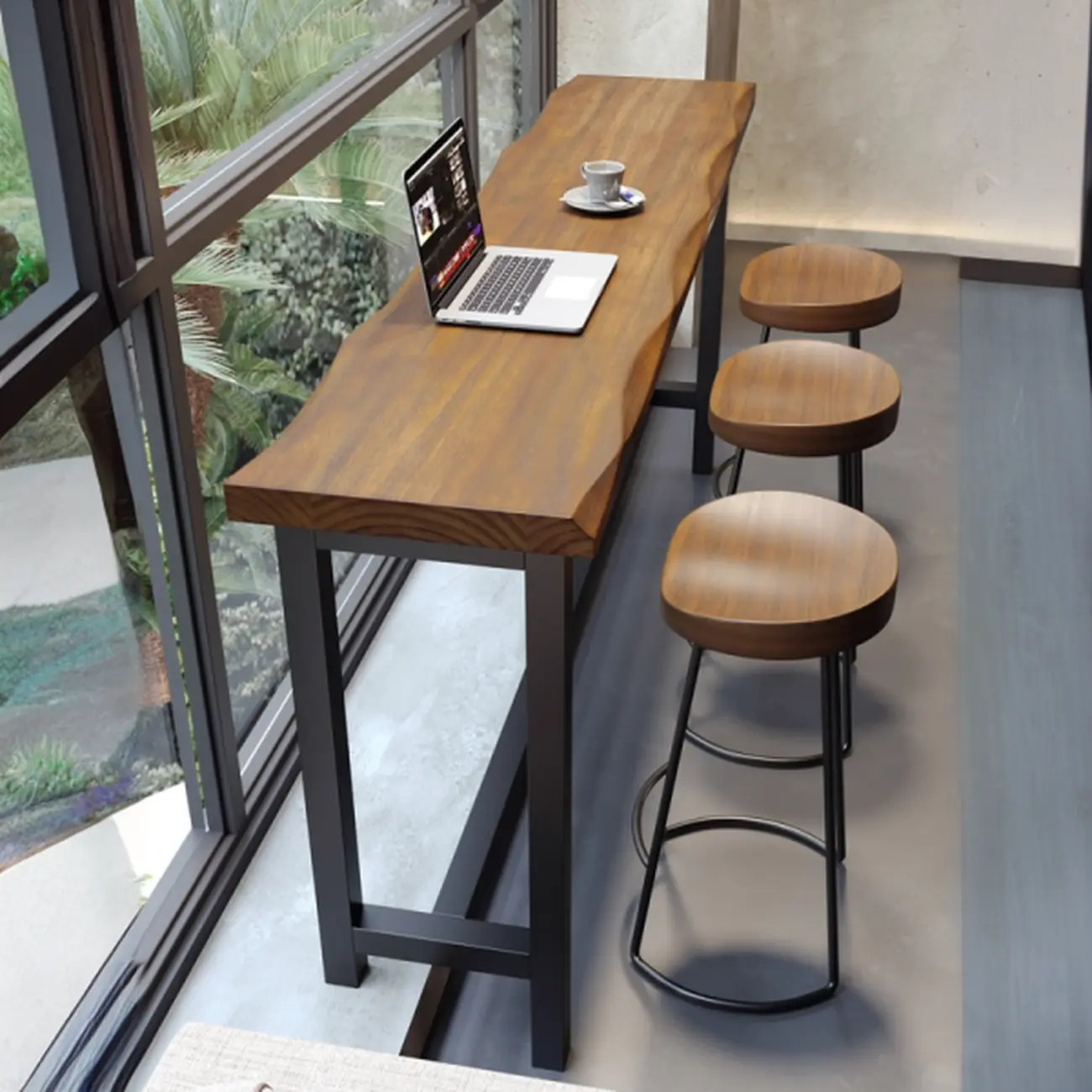 Modern Brown Wooden Grain Iron Trestle Bar Tables