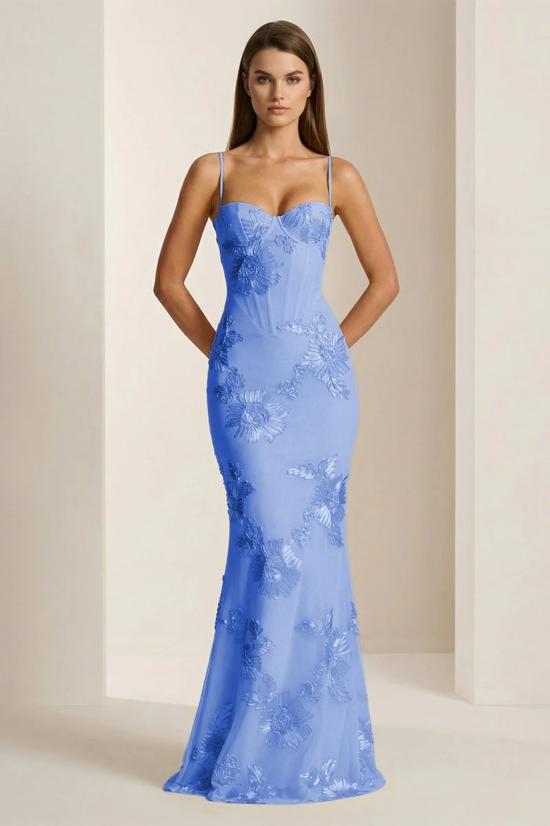 Yellow Spaghetti Straps Sheath Long Prom Dresses With Floral Embroidery