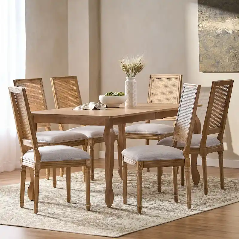 Regan Wood and Cane Upholstered Expandable 7 Piece Dining Set by Christopher Knight Home