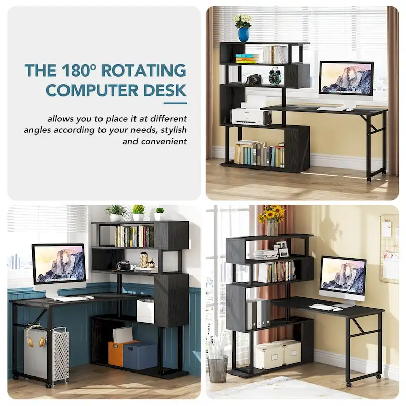 L-Shaped Rotating Computer Desk with 5 Shelves Bookshelf