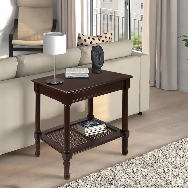 Cream Side Table with Rattan Shelf