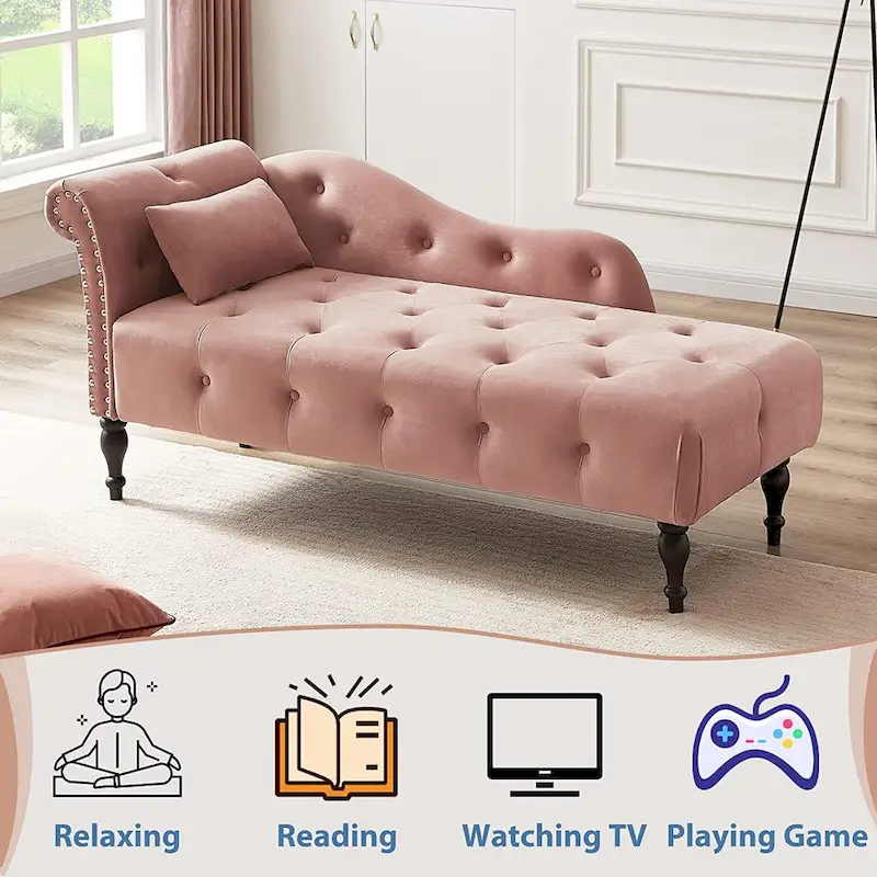 61 Velvet Chaise Lounge Chair with 1 Pillow and Nailhead Trimmed