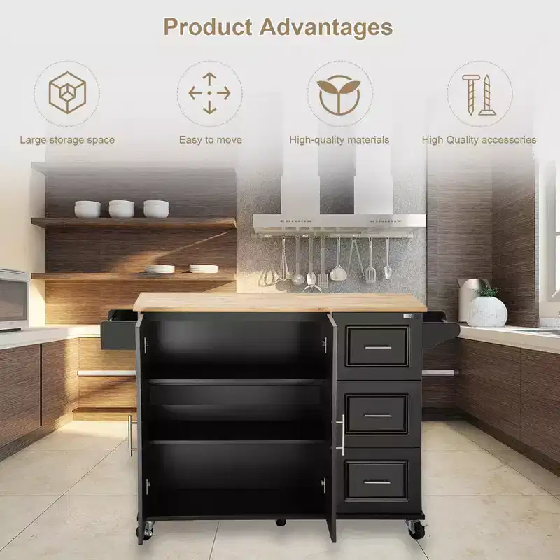 2 MDF SC Kitchen Island & Rolling Kitchen Cart - Mobile Kitchen Island with Extendable Rubberwood Top