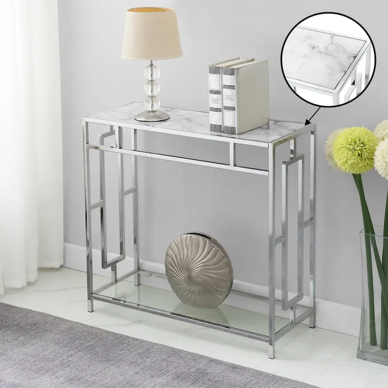 Faux Marble Glass Hall Table with Shelf