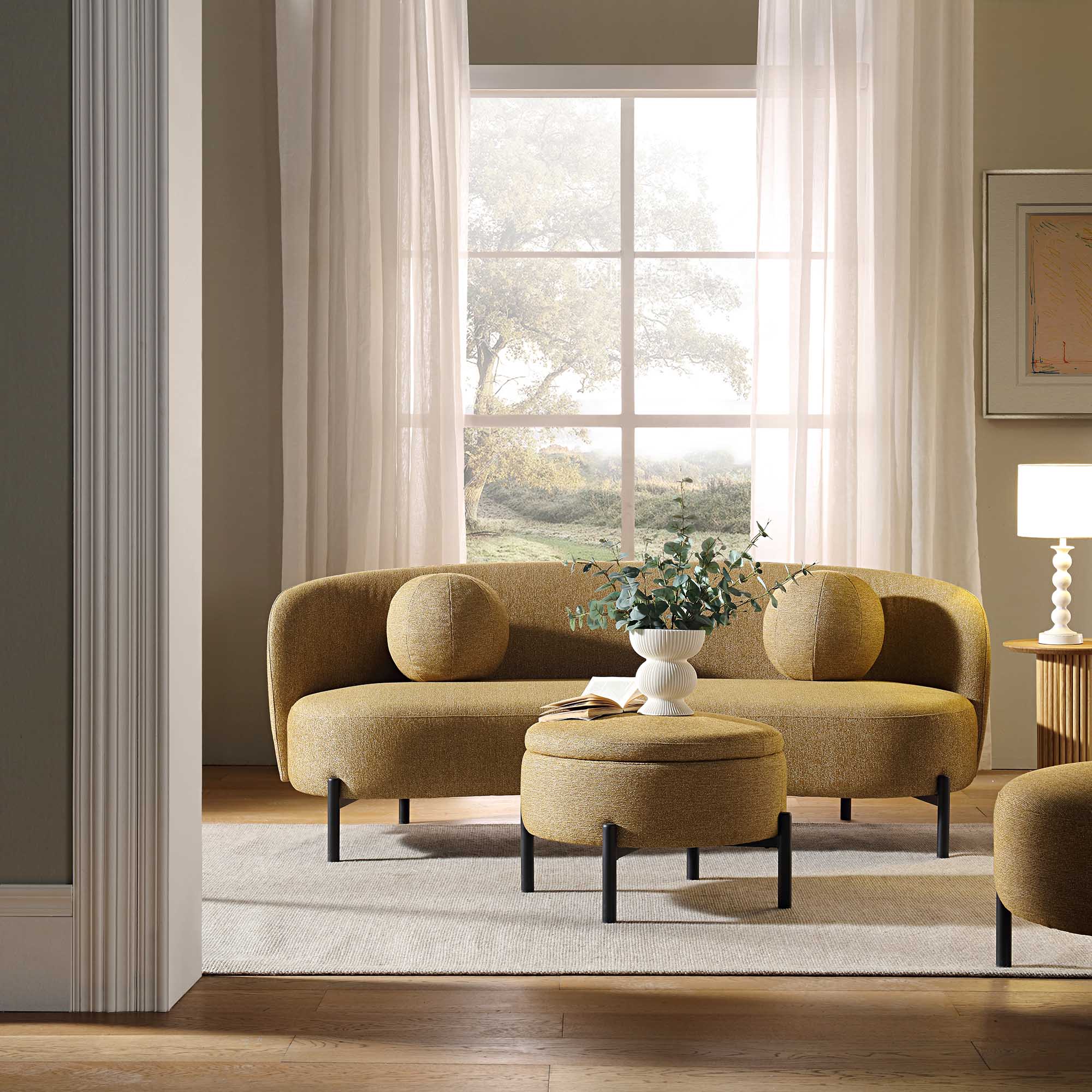 3-Seater Curved Sofa with Ball Cushions, Marigold Textured Fabric