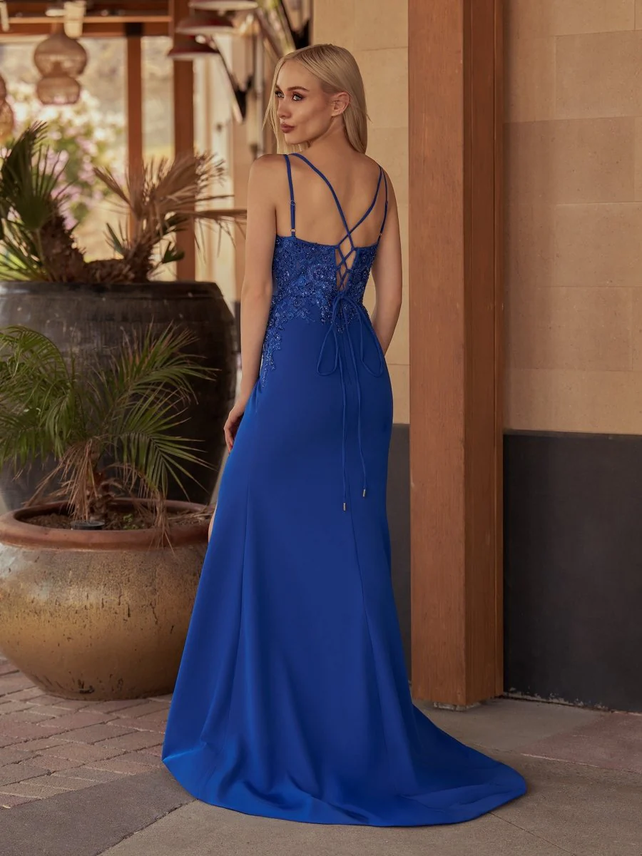 Mermaid V Neck Royal Blue Satin Long Prom Dresses with Beading