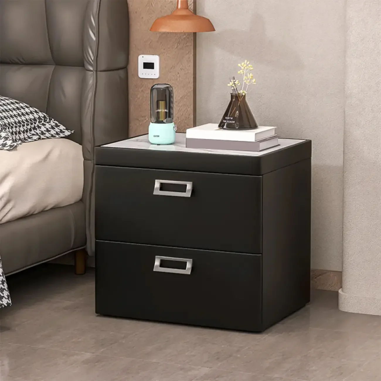 Modern Faux Leather 2 Drawers Nightstand with Stone Top